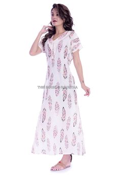 "This Beautiful Gown or can be called as Night Dress is made with super fine quality cotton Fabric. Usage - Gown, Maxi, Night Dress, Lingerie Cover Up , Sleepwear Fabric - 100% Cotton Color - White Pattern - Multi Color Floral Size - Fit Up to 2XL Length - 55\" Inch (140 CM), Bust - 44\" Inch ( 112 Cm), Hip - 52\" Inch (132 CM) Sleeve - 7\" Inch ( 18 Cm), Shoulder - 5\" Inch ( 13 CM), Weight - 0.180 Kg * Gown has Drawstring on the Back side for Perfect Fit. * Gown has a Zipper on Front side for White Cotton V-neck Sleepwear, Cotton V-neck Nightgown For Sleepover, White V-neck Maxi Dress For Loungewear, Cotton V-neck Nightgown For Bedtime, White V-neck Sleepwear For Sleepover, White Cotton Short Sleeve Nightgown, Cotton V-neck Sleep Dress, White Short Sleeve Nightgown For Sleep, White Short Sleeve Nightgown For Bedtime