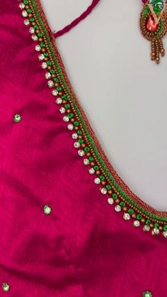 Red And Green Aari Work Blouse, Pink With Green Aari Work Blouse Designs, Easy Maggam Work Designs, Simple Stone Work Blouse Designs, Maggam Designs, Aari Design, Maggam Work Designs