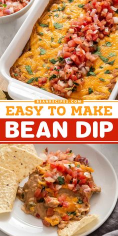 A super easy appetizer idea in just 30 minutes! It's one of the best party dips with refried beans. Smooth and creamy with just the right amount of spice, this homemade bean dip is sure to be a hit! Bean Dip Recipes Refried, Homemade Bean Dip, Canned Refried Beans, Easy Bean Dip, Refried Bean Dip, Cheese Taco, Refried Beans Recipe, Bean Dip Recipes