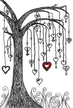 a drawing of a tree with hearts hanging from it's branches and the word love is