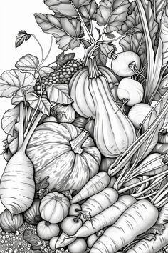 a black and white drawing of many different vegetables on the ground, including carrots