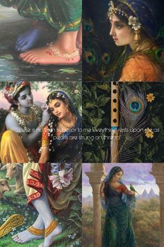 four different paintings with peacocks and women in the middle one has an eye on her face