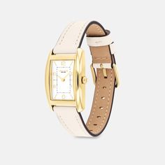 A distinctive stately design the minimalist Reese watch is an elevated choice for everyday. Finished with a leather strap the gold tone design features a satin dial detailed with a mix of numerical and stick markers. | Coach Reese Watch, 24 Mm X 35 Mm - Women's - Chalk Classic Leather Watch With Rectangular Dial, Classic Watch With Leather Strap And Rectangular Dial, Everyday Watches With Leather Strap And Rectangular Dial, Everyday Watch Accessory With Leather Strap And Rectangular Dial, Everyday Watch With Leather Strap And Rectangular Dial, Classic Leather Watch Accessories For Office, Timeless Leather Watch With Diamond Hour Markers, Classic Watch Accessories With Leather Strap And Rectangular Dial, Timeless Everyday Watch With Rectangular Dial