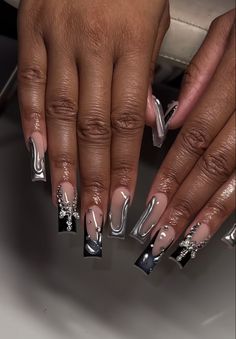 Md Nails Ideas, Md Nail Ideas, Black And Silver Gel Nails, Md Nails, Silver Long Acrylic Nails, Black And Silver Birthday Nails, 21st Nails Ideas, Silver Birthday Nails, Silver Nails Acrylic