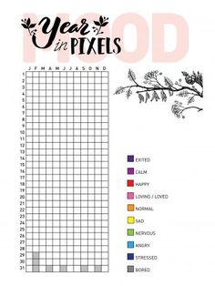 a printable planner with the words, year in pixels and an image of a tree