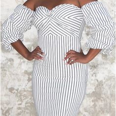 A Sweetheart Neckline Flows Into A Tightly Fitted Bodice, Decked In Stripes. Puffy Half Sleeves Sit Gracefully Off The Shoulders, Making This Dress Flattering And Fun. Size Medium. 65% Polyester, 35% Cotton Dress With Sleeves, Fun Size, Fitted Bodice, Sweetheart Neckline, Half Sleeves, Off The Shoulder, Bodice, Shoulder Dress, White And Black