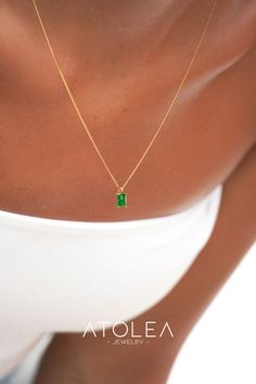 Just the right touch of green and shine, this Emerald Necklace is all you need to dress up a simple look. Compliments guaranteed with the playful, bright green zircon stone, a real eye-catcher! #necklaces #goldnecklaces Simple Look, Emerald Necklace, Bright Green, Emerald, Gold Necklace, Dress Up