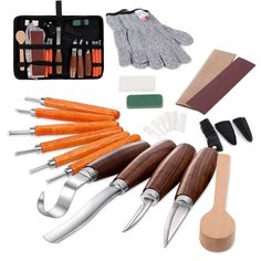 an assortment of kitchen utensils including gloves, spatulas and other items