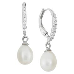 Dangling 6mm Pearl With Cubic Zirconia Side Stones In Sterling Silver : Target Pearl Earrings Simple, Game Jewelry, Fashion Formal, Rings Jewelry Fashion, Sterling Silver Drop Earrings, Large Jewelry, Pearl Earrings Dangle, Wedding Color, Silver Drop Earrings