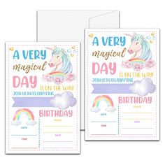 two birthday cards with unicorns and clouds on them, one has a rainbow in the background