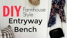 the diy farmhouse style entryway bench is hanging on a white wall with black and white pillows