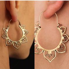 Trendy Decorated Lotus Style Hoop Earrings. Lightweight. Available In Gold Tone Or Silver Plated Metal: Zinc Alloy (Bin: 90) Gold Alloy Hoop Earrings, Silver Hoop Earrings In Alloy, Nickel-free Gold Alloy Hoop Earrings, Gold Nickel-free Hoop Earrings For Summer, Bohemian Alloy Earrings For Festivals, Nickel-free Gold Hoop Earrings For Summer, Summer Gold Alloy Earrings, Summer Silver Alloy Earrings, Gold Alloy Earrings For Summer