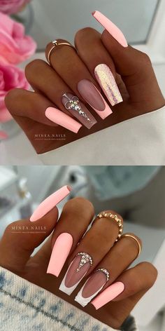 Nail Art Pink French Tip, French Peach Nails, Rhinestone Nails Ideas, Coffin Peach Nails, Peach Gel Nails Design, Nail Designs With French Tip, Peach French Nails, Pink And Peach Nails, Cute Nails With Rhinestones