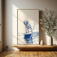 a dog standing on top of a surfboard in the ocean next to a potted plant