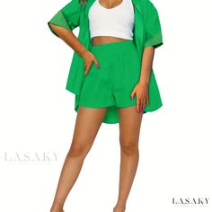 Lasaky - Premium Womens Casual Two-piece Set: Button Front Short Sleeve Shirt & Elastic Waist Shorts, Solid Color, High-Quality Clothing Green Short Sleeve Sets With Buttons, Casual Green Sets With Buttons, Green Button-up Sets For Summer, Trendy Summer Sets With Buttons, Green Button-up Summer Bottoms, Elastic Waist Shorts Outfit, Elastic Waist Shorts, Womens Casual, Two Piece Sets