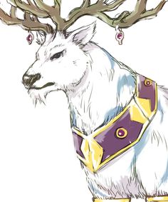 a drawing of a deer wearing a purple and yellow vest