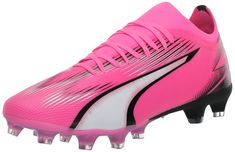 a pink soccer shoe with black and white stripes on the bottom, in front of a white background