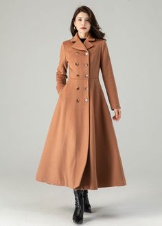 "FEATURES 50% wool, 50% wool blend Fully liner with polyester Two pockets Lapel collar Long sleeve Button closure in front For Winter, Autumn dry clean ★★Mode size Height 170cm (5′ 7″)  Bust 84 cm (33\")  Waist 66 cm (26\")  She wears size XS. ★★Bespoke Order Service If you Request other color Request the length Your height is not between 155 cm- 175 cm Your weight is not between 47 kg -77 kg I can do it for you, It will need some extra fee depending on on your need. Contact with me for more det Tailored A-line Outerwear For Winter, Formal A-line Outerwear For Fall, Formal A-line Fall Outerwear, Fitted Beige Wool Coat For Fall, Tailored A-line Outerwear For Fall, Classic A-line Fall Outerwear, Solid A-line Outerwear For Fall, Tailored A-line Winter Outerwear, Formal A-line Wool Coat For Fall