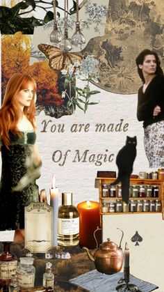 a woman standing next to a table full of bottles and candles with a cat on it