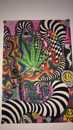 an art work with black and white stripes, green leafed plant in center surrounded by multi - colored swirls