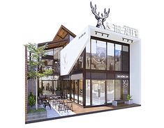 an artist's rendering of the exterior of a building with deer heads on top