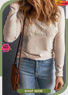 Beige Lace Crochet V Neck Long Sleeve Top Fall Lace Trim Knit Top, Fall V-neck Crochet Top With Crochet Trim, V-neck Crochet Top With Crochet Trim For Fall, Fall Knit Top With Lace Trim, Beige Crochet Top With Lace Trim For Fall, Winter Beige Tops With Lace Trim, Knit Lace Top For Spring, Spring Knit Lace Top, Beige Crochet Lace Knit Top For Spring