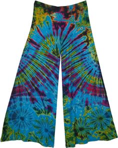 These stretchy waist pull-on style wide-leg wonders are super soft to give you ultimate comfort and an all-over hand tie-dye in rich colors. They give you a flattering silhouette and feature wide legs for a flowing, lean line, no matter what your body type. These knit tie-dye yoga pants have double stitching on bottom hem for long-lasting quality. Our perfect stylish pants are perfect for everything from yoga and meditation to running errands around town and is awesome for holiday relaxation, yo Tie Dye Wide Leg Bottoms With Elastic Waistband, Tie Dye Stretch Wide Leg Bottoms, Tie Dye Wide Leg Bottoms With Relaxed Fit, Tie Dye Wide-leg Pants, Tie Dye Relaxed Fit Wide Leg Bottoms, Relaxed Fit Tie Dye Wide Leg Bottoms, Stretch Tie Dye Summer Pants, Summer Stretch Tie Dye Pants, Stretch Tie Dye Pants For Summer