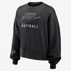 It's your game. Make sure everyone knows in this Nike fleece sweatshirt. Smooth on the outside, slightly fuzzy on the inside, our midweight semi-brushed fleece helps keep you cozy while still being breezy. Nike Sweatshirt With Letter Print For Sports Season, Nike Collegiate Tops For Fall, Long Sleeve Fleece Top With Team Logo, Fall Season Team Logo Sweatshirt, Black Tops With Ribbed Cuffs For Game Day, Nike Crew Neck Hoodie With Letter Print, Winter Nike Sweatshirt With Graphic Print, Nike Winter Sweatshirt With Graphic Print, Nike Sporty Fall Sweater