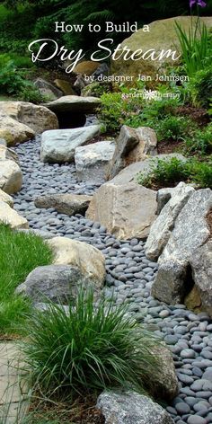 a garden with rocks and grass in the foreground text reads how to build a diy stream