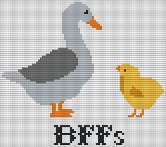 a cross stitch pattern with two ducks and one duckling on the bottom right side