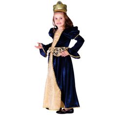 Dress Up America has a beautiful collection of superb quality Halloween and year round costumes in all sizes for infants boys girls teens men and women At Dress Up America creativity is combined with garment knowledge and construction Therefore the innovative products are realistic durable and of superior quality These original designs are sure to set the industry standards and live up your occasion for years to come Features . This elegant dress has lots of trimming with fine detail. Blue velour material dress features mutton sleeves and a peplum which enhances the royal look. Gold satin polyester fabric has a gold tulle overlay. Pull on dress with a Cloth Tie closure Includes . Dress and Headpiece Specifications . Size Small. Material Polyester. Gender Girls. Age 4 to 6 Royal Ball Gown, America Dress, Costume For Girls, Gold Tulle, Royal Ball, Gold Gown, Royal Look, Princess Costume, Lace Peplum