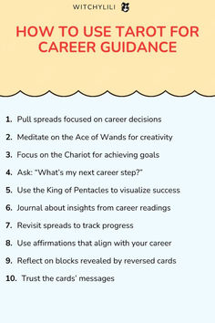 Use tarot for career guidance! Pull spreads for decisions, meditate on the Ace of Wands for creativity, and use the Chariot for goal-setting. Journal insights and reflect on blocks with reversed cards. Save this Pin for career clarity!