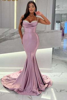 Dusty Pink Long Prom Dress | Cheap Simple Prom Dress Online Elegant Mermaid Dress, Satin Mermaid Dress, Prom Dress With Train, Prom Dresses Long Pink, Prom Dresses Sleeveless, Evening Dress Fashion