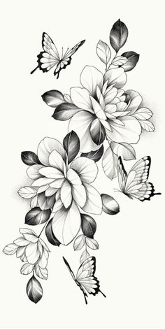 black and white flowers with butterflies flying around