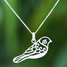 With elegant curling openwork that suggests its feathers a lovely bird is crafted from sterling silver. Thai artisan Sarote Lochotinunt creates this pendant necklace which circles the neck with sterling box chain. Silver Casting, Silver Bird, Bird Pendant, Gifts For My Wife, Silver Work, Cat Necklace, Sterling Silver Necklace Pendants, Brand Shoes, Delicate Necklace