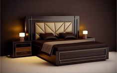 a bedroom with a bed, night stand and two nightstands on either side of the bed