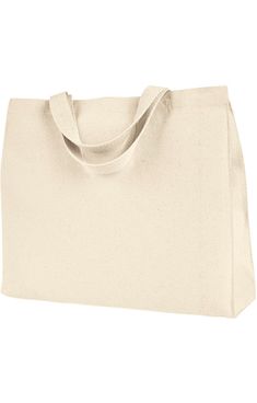 a white canvas tote bag with handles on the front and bottom, sitting against a white background