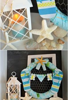 two pictures with different items on them and one has a starfish hanging from it