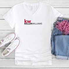 Kw Keller Williams Logo Unisex V-Neck T-Shirt. As a Real Estate agent on the run, these t-shirts make the workday stylish, comfortable, and professional. In addition, they help promote your business anywhere you go. The equipment and supplies used to make my products are all commercial grade quality. Each design is made with one of the best vinyl in the industry and cut with a commercial grade plotter. It is then pressed with a high-pressure commercial heat press to make the final product. Each White V-neck T-shirt With Letter Print, White V-neck Graphic Tee, Vinyl Logo, Realtor Gifts, On The Run, Keller Williams, Promote Your Business, The Run, Shirt Brand