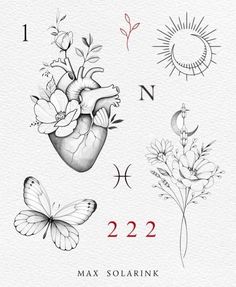 a drawing of flowers and butterflies in the shape of a heart with numbers on it