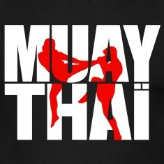 the words muay thai in white and red on a black background with a silhouette of a man