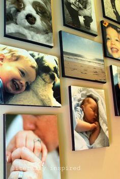 a wall that has pictures on it with babys and dogs hanging from the side