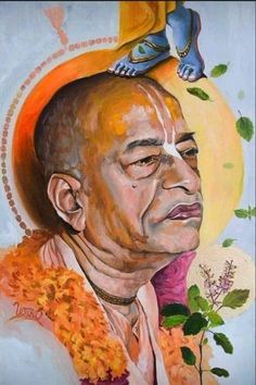 a painting of a man with flowers on his head and an image of a bird sitting on top of him