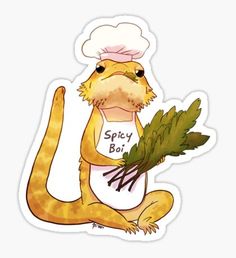 a yellow lizard with a chef's hat and apron on holding a bunch of greens