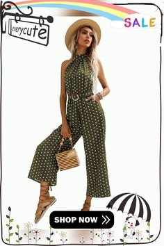 Army Green Polka Dot Sleeveless Belted Wide Leg Jumpsuit Green Polka Dot, Jumpsuits And Romper, Jumpsuit Fashion, Wide Leg Jumpsuit, Army Green, Wide Leg, Jumpsuit Romper, Polka Dots, Jumpsuit