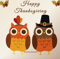 two owls wearing thanksgiving hats are standing next to each other with the words happy thanksgiving