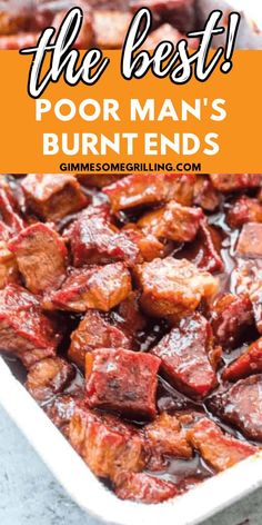 the best pork man's burnt ends recipe in a white dish with text overlay