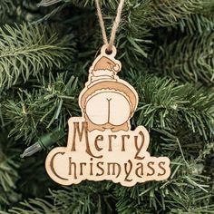 a christmas ornament hanging from a tree with the words merry christmas written on it