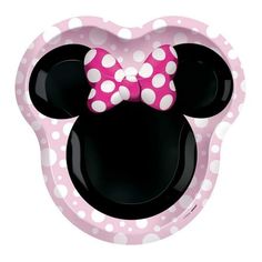 a minnie mouse plate with a pink bow on it's head and polka dots