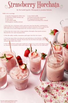 strawberry horchata with strawberries and ice cream in small glasses on a table